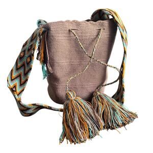 Handmade Wayuu‎ Mochila Bucket Hobo Colombia Teal Brown Orange Bag Purse Tassel